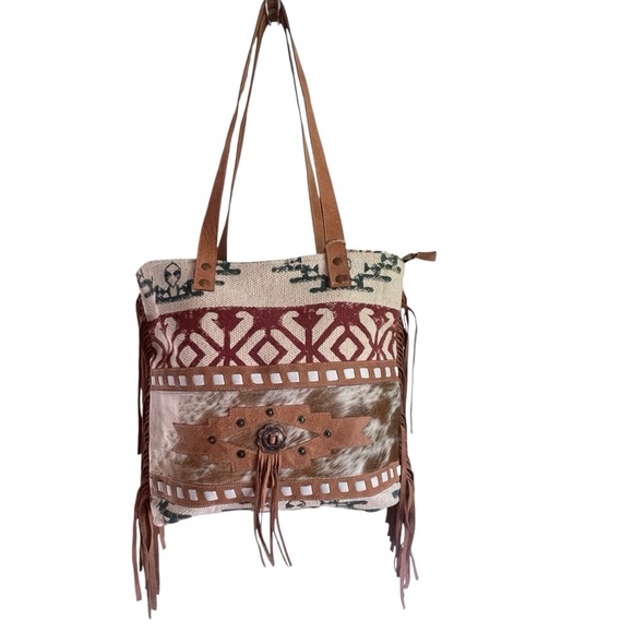 Olay Canvas Shoulder Bag Hair On Cowhide Leather Tote Aztec Fringe Neutral Color - Picture 2 of 9